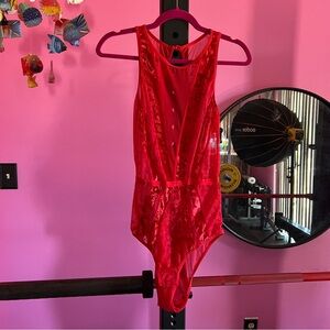 Red Lace Velvet Bodysuit Lingerie Large